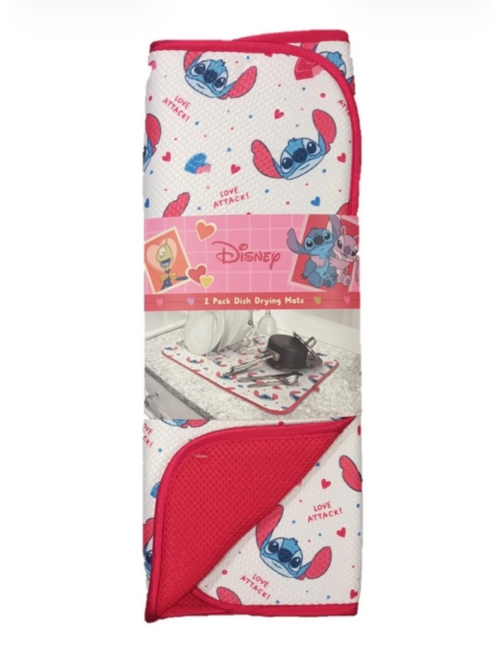 Disney nwt lilo Stitch Heart Print Dish Drying Mats - White & Red 2 pack
